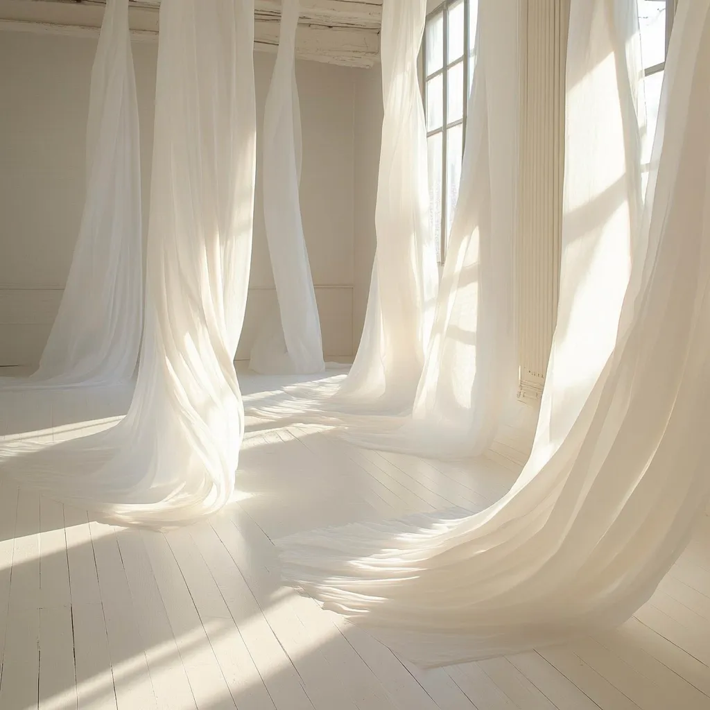 Sunlight streams through a large window in a white room, illuminating flowing white curtains.  The sheer fabrics drape and billow across the floor, creating a serene and ethereal atmosphere.  The light casts soft shadows on the polished white wooden floorboards. The overall effect is one of calm, gentle movement and airy lightness.