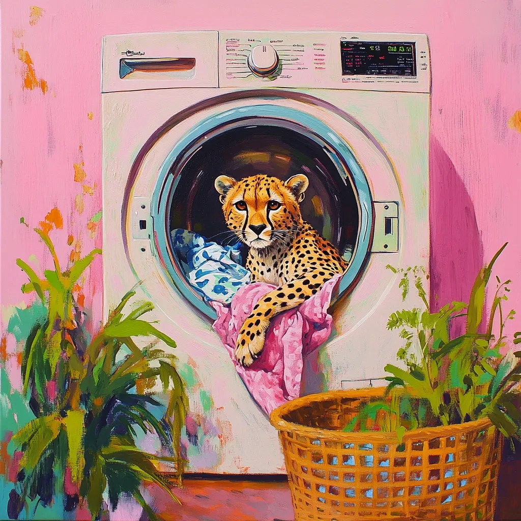 Here's a description of the image:

A vibrant, stylized painting depicts a cheetah nestled inside the drum of a pale pink washing machine. The cheetah, rendered in realistic detail against a colorful, almost abstract background, looks directly at the viewer with a calm expression.  Surrounding the machine are lush, brightly colored tropical plants and a woven basket, contributing to the surreal, whimsical atmosphere. The washing machine's control panel is visible, adding a touch of everyday reality to the unusual scene. The overall style is bold and playful, with a strong contrast between the realistic animal and the expressive background.