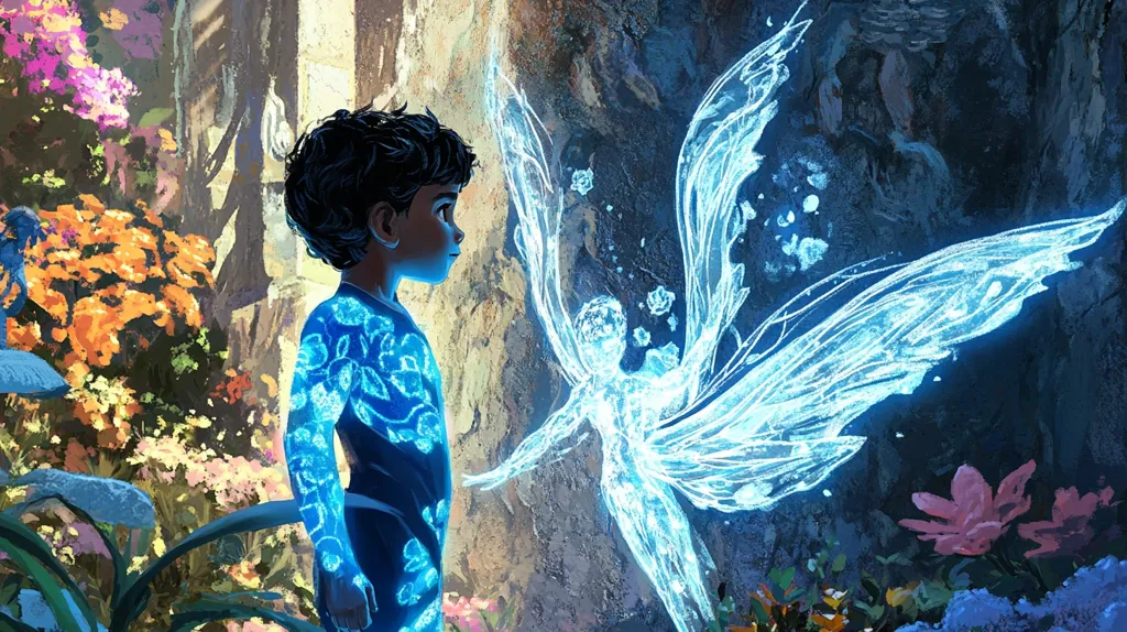 The artwork depicts a young boy with dark hair, standing before a luminous, ethereal being with large, translucent wings. The being, possibly a fairy, radiates a soft, blue light, contrasting with the boy's dark clothing adorned with similar blue floral patterns.  The background is a vibrant mix of flowers and a textured stone wall, creating a fantastical, dreamlike setting.  The overall mood is one of wonder and quiet interaction between the boy and the magical creature.