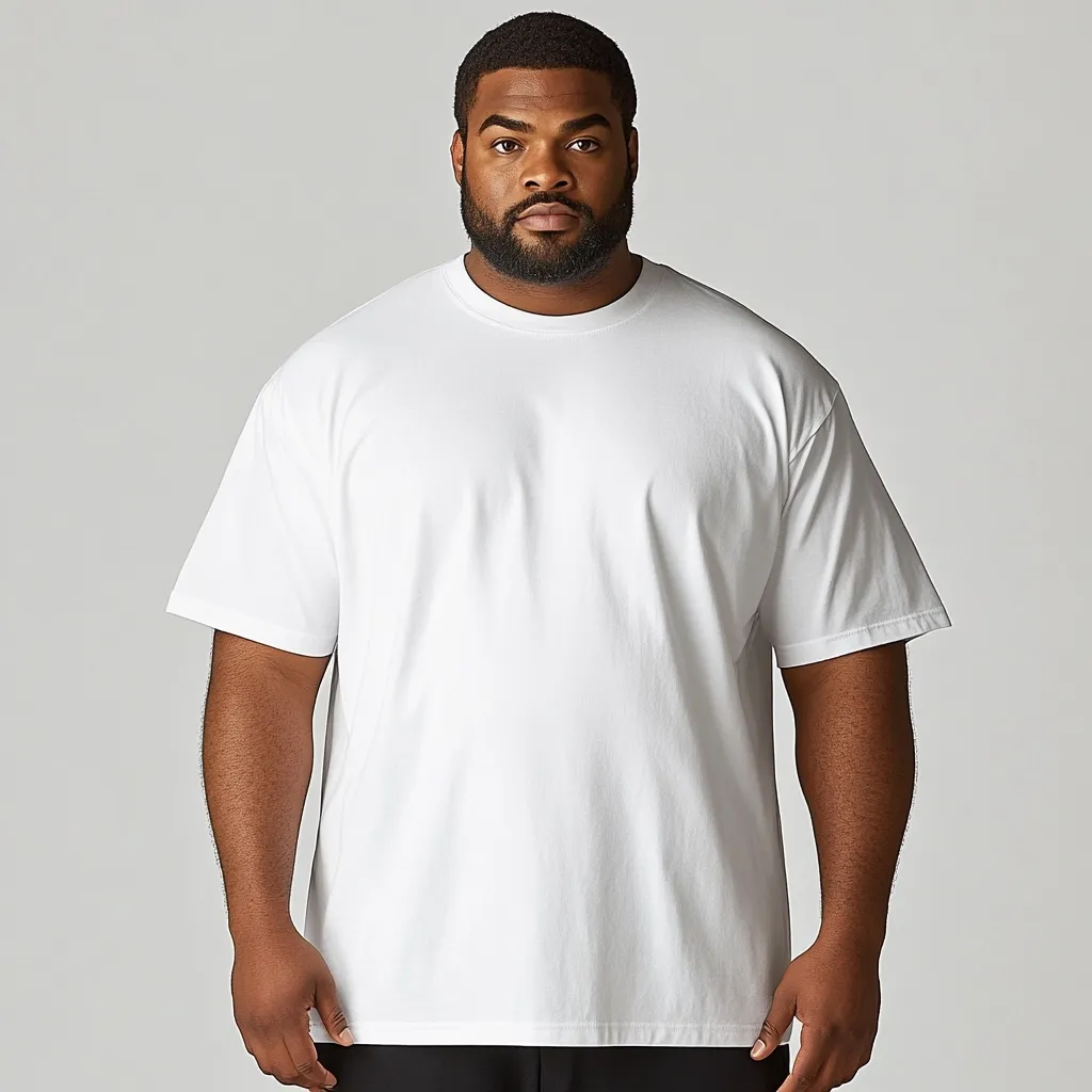 A dark-skinned man with a beard stands against a light gray background. He wears a simple, oversized white crew-neck t-shirt that falls to mid-thigh. His arms are at his sides, and his expression is neutral. The shirt appears to be made of a relatively thick, possibly cotton, material. The overall image is clean and minimalistic, focusing on the man and the garment.