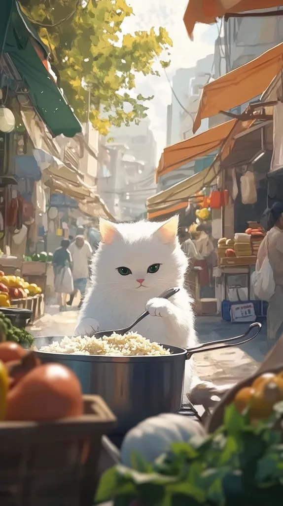 A fluffy white cat, with striking green eyes, sits in a bustling Asian market street.  It attentively stirs a pot of steaming rice with a spoon.  The sunlit scene shows vibrant produce, market stalls with awnings, and people going about their day.  The overall impression is one of peaceful charm and a whimsical juxtaposition of a domestic cat amidst vibrant street life.