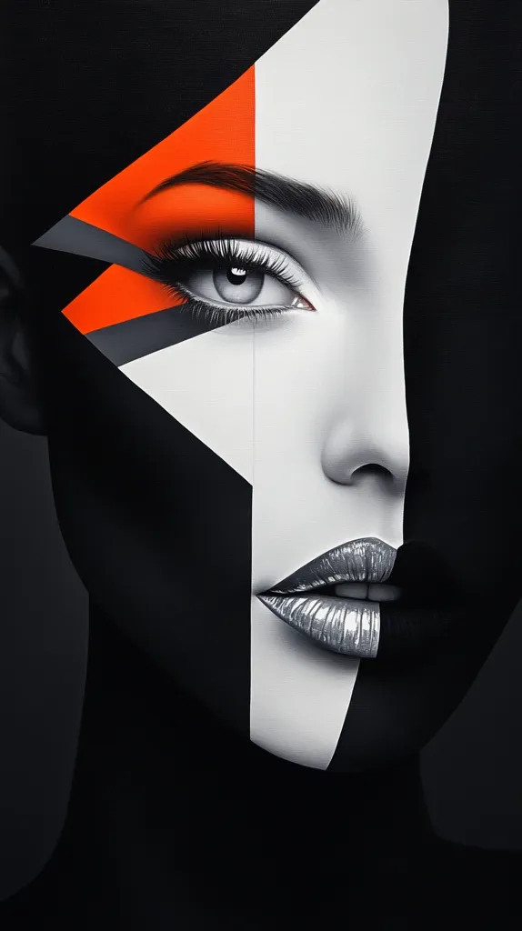 Here's a description of the image:

The artwork is a close-up portrait of a woman's face, rendered in a striking style that blends realism with abstract geometric elements.  Her face is partially obscured and divided by bold black and white shapes, punctuated by a vibrant orange triangle accentuating her eye.  The contrast between the stark black, white, and orange is visually arresting.  Her lips are painted silver, adding to the overall modern and stylized aesthetic. The overall impression is one of sophisticated minimalism and bold artistic expression.