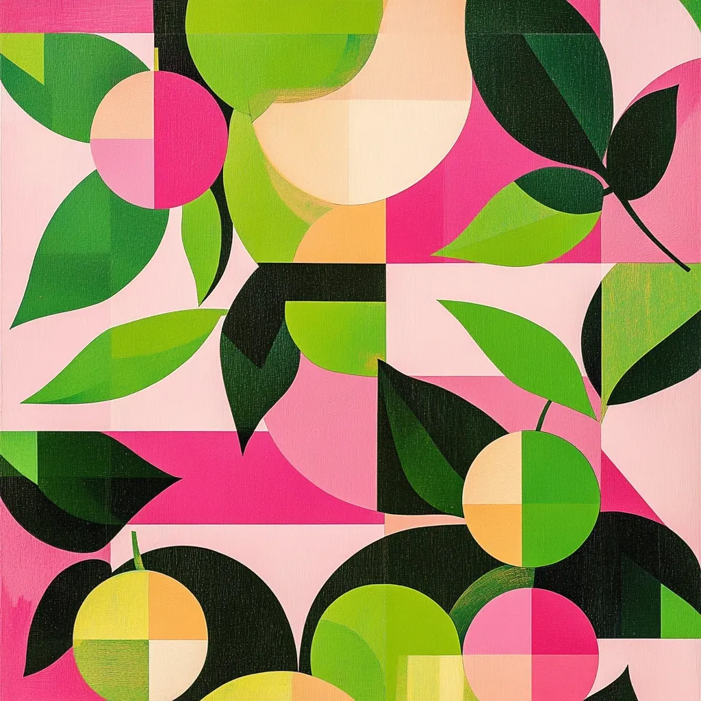 This artwork is an abstract geometric depiction of citrus fruits and leaves. The style is reminiscent of mid-century modern design. Bright pink, lime green, and yellowish-orange hues are used to create stylized circles representing fruit, segmented into geometric shapes.  Dark green leaves, also geometrically rendered, are interspersed amongst the fruit, creating a sense of organic growth within a structured, almost architectural composition. The overall effect is a vibrant and playful exploration of color and form.