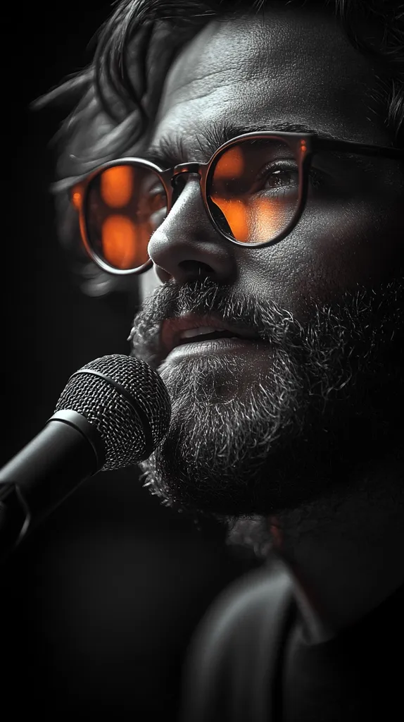 Close-up, black and white portrait of a man with a beard and round glasses.  Warm orange light reflects in the lenses, contrasting with the otherwise dark tones of the image. He is singing into a microphone, his expression serious and focused.  The depth of field is shallow, drawing attention to his face and the microphone.  The overall mood is dramatic and intimate.