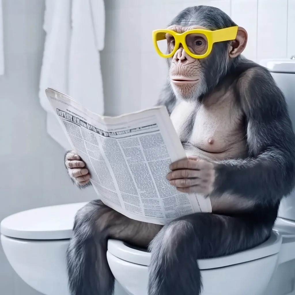 A chimpanzee, wearing bright yellow oversized glasses, sits on a toilet and reads a newspaper.  The chimp is hairless on its chest and abdomen, and its posture is relaxed.  The bathroom setting is clean and simple, with white tiles and a white toilet. The image is humorous and unexpected, juxtaposing the primate with human behavior.  The newspaper is partially visible, suggesting a mundane daily activity.