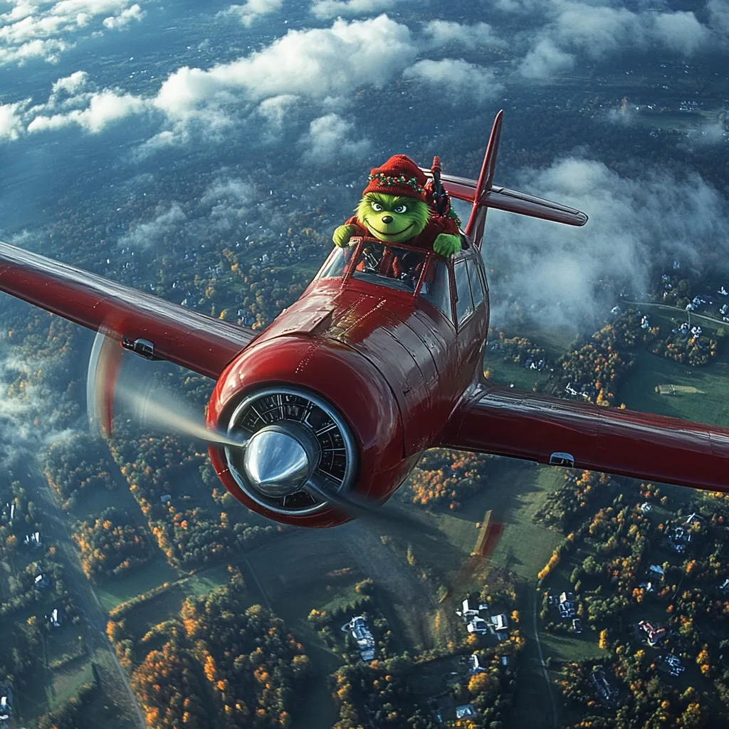 Here's a description of the image:

High-angle, long shot of a vibrant red single-engine propeller plane soaring through a partly cloudy sky.  The plane is viewed from below, its propeller in motion.  The Grinch, wearing a festive hat, is seated in the cockpit, smiling. Below, the landscape is a patchwork of autumnal colors, with houses and fields visible.  The overall scene is whimsical and festive, suggesting a Christmas-themed image.