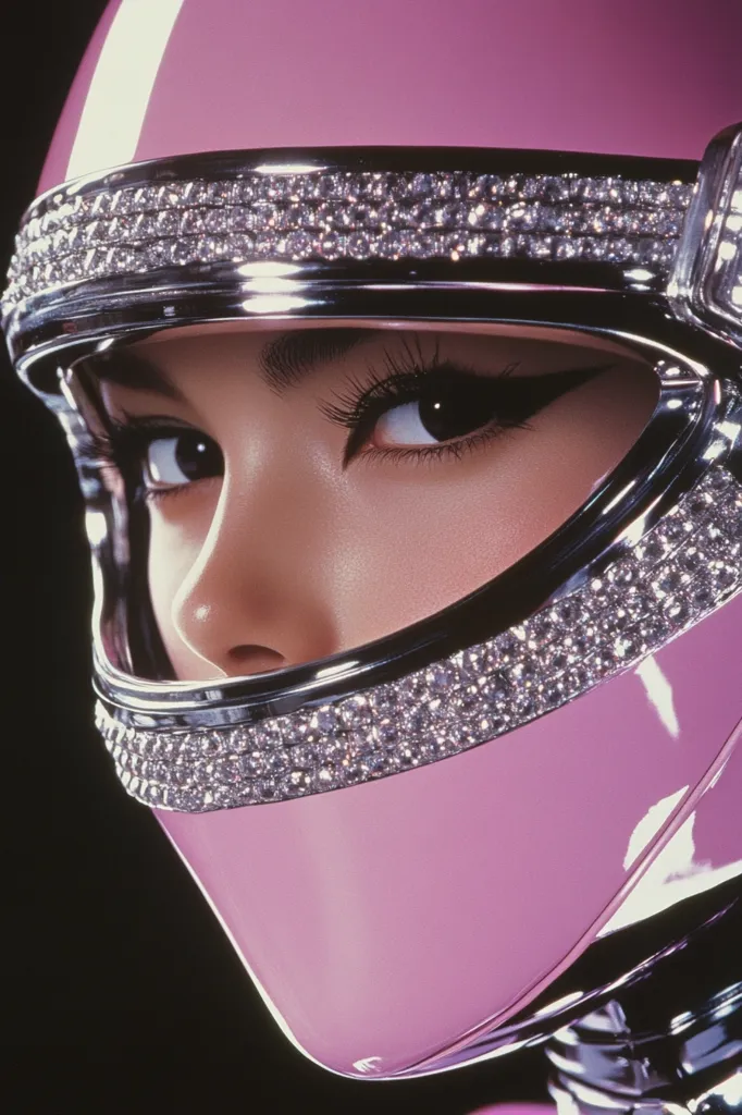 Here's a description of the image:

Close-up view of a woman's face partially obscured by a pink helmet adorned with a glittering, diamond-like trim along the visor. The helmet is sleek and futuristic in design. The woman's eyes, accentuated with dramatic eyeliner, are visible, conveying a blend of strength and beauty. The overall aesthetic is glamorous and somewhat retro-futuristic, suggesting a powerful, stylish character. The lighting highlights the glossy texture of the helmet and the woman's skin. The background is dark, drawing focus to the subject.