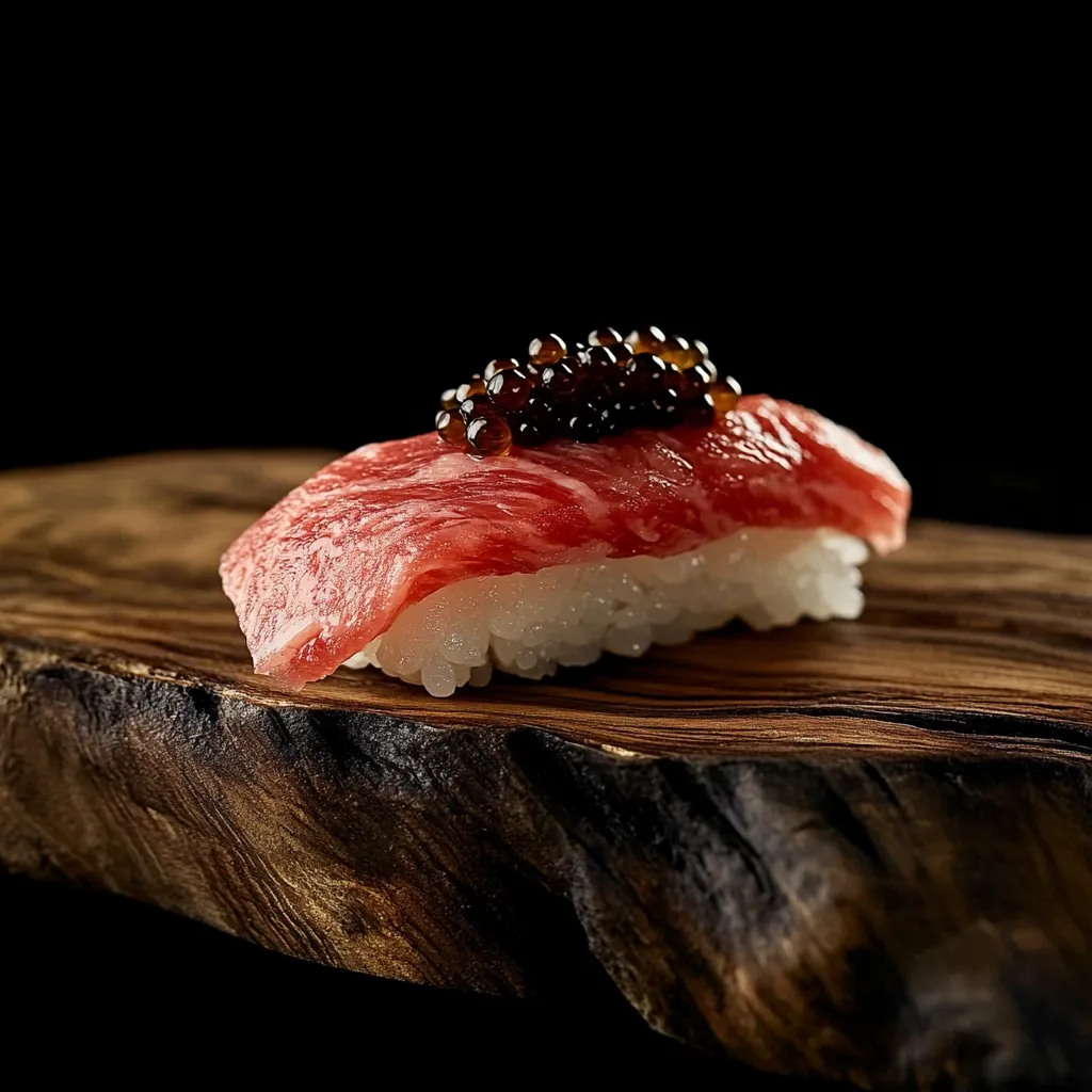 A single piece of nigiri sushi rests on a rustic wooden board against a stark black background.  The sushi features a thick slice of glistening, red raw beef, artfully arranged over a bed of white rice.  A small dollop of dark brown caviar crowns the beef, adding a touch of elegance and luxury to the presentation. The image is sharply focused, highlighting the texture of both the sushi and the wood.