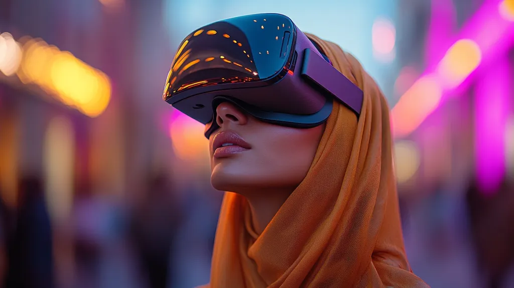 A woman wearing an orange hijab is immersed in a virtual reality experience.  She is looking upward, her face serene, as she wears a sleek, black VR headset. The background is a vibrant blur of city lights, suggesting a nighttime setting.  The image contrasts the traditional attire with cutting-edge technology, creating a visually striking and thought-provoking scene.  The colors are rich and saturated, focusing attention on the woman's face and the reflective surfaces of the VR headset.
