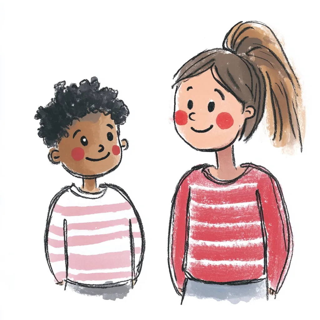Here's a description of the image:

The illustration shows two children, a boy and a girl, standing side-by-side. The boy, with dark curly hair and brown skin, wears a pink and white horizontally striped sweater.  The girl, with light skin and her brown hair in a high ponytail, sports a red and white horizontally striped sweater. Both children have rosy cheeks and are depicted in a friendly, approachable manner, suggesting a positive interaction between them. The style is childlike and whimsical, with soft, textured lines and watercolor-like shading.  The background is plain white, focusing attention on the two figures.