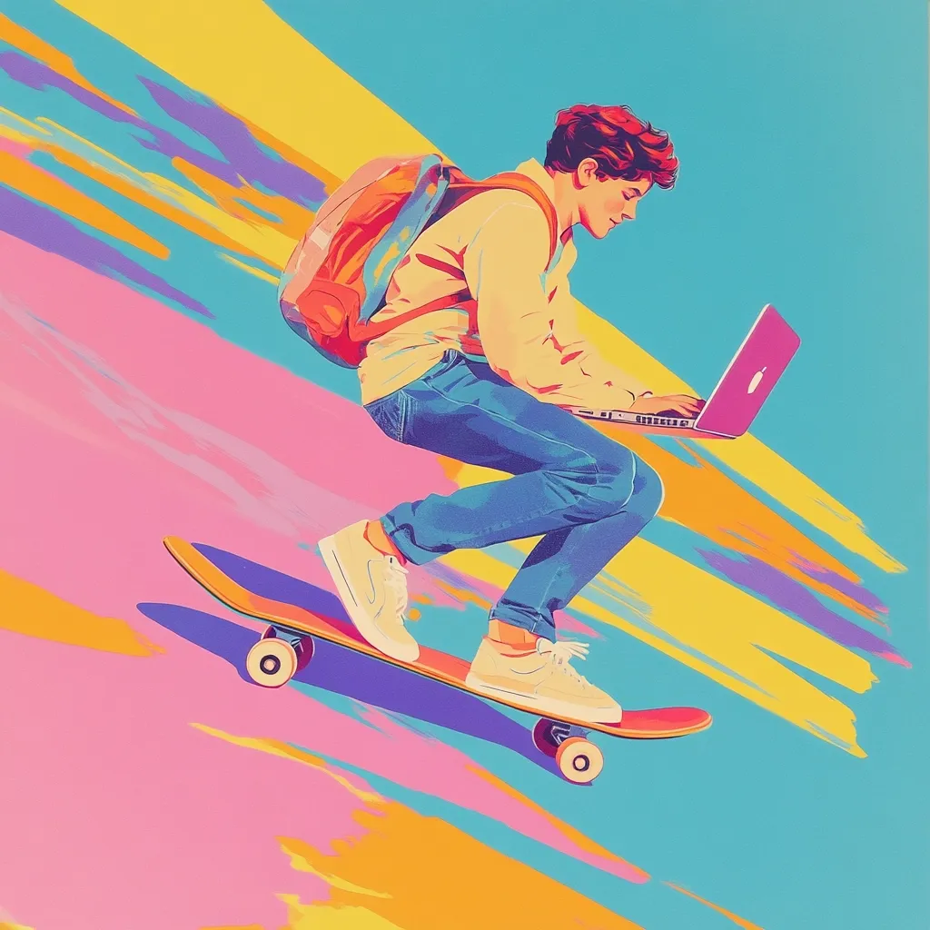 Here's a description of the image:

The illustration showcases a young man skateboarding while working on a laptop. He's depicted in a dynamic pose, leaning forward on his skateboard as if in motion.  His attire is casual—jeans, sneakers, a light-colored shirt, and a backpack. The vibrant background features bold, stylized brushstrokes in a palette of pinks, yellows, blues, and oranges, creating a sense of speed and energy. The overall style is reminiscent of pop art, with bold colors and simplified forms. The scene conveys a feeling of youthful dynamism and modern mobility.