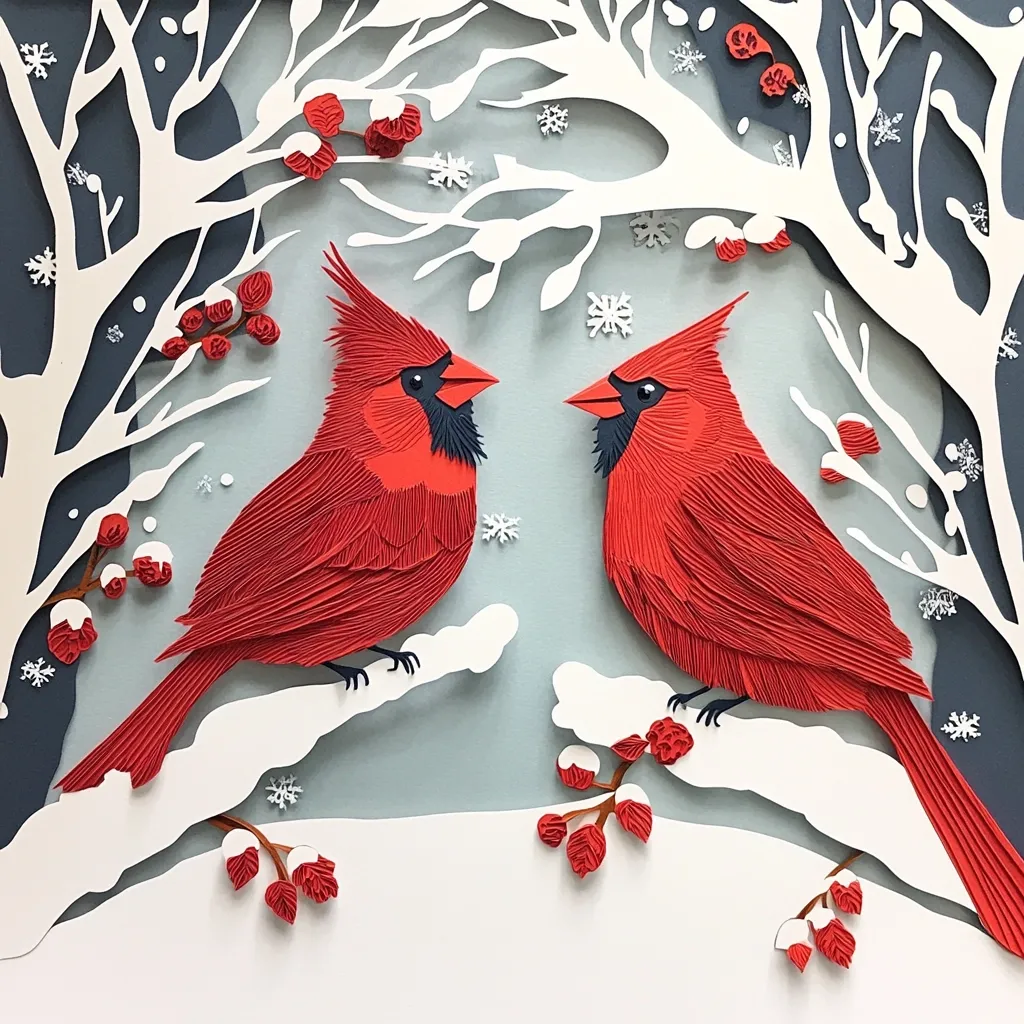 This intricate paper art depicts two vibrant red cardinals perched on snow-dusted branches.  The birds, meticulously layered for a feathery effect, face each other against a backdrop of delicately cut paper trees and snowflakes, suggesting a winter scene.  Red berries add pops of color, enhancing the overall festive and detailed composition. The artwork showcases remarkable skill in paper sculpting and layering to create a three-dimensional effect.