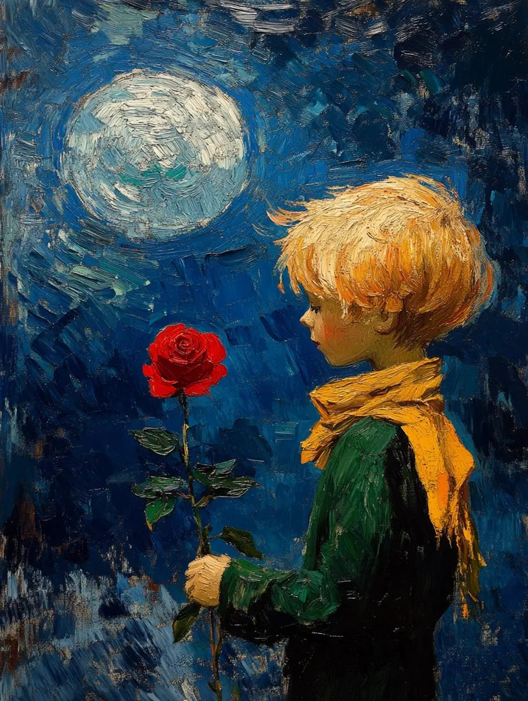 Here's a description of the image:

The painting depicts the Little Prince, a boy with blond hair, standing against a deep blue night sky.  A large, pale moon hangs in the background. He holds a single, vibrant red rose, its stem grasped gently in his hand. The Prince wears a dark green jacket and a mustard-yellow scarf, his expression thoughtful and slightly melancholic. The impasto style of the painting adds texture and depth, particularly noticeable in the moon and the boy's hair.  The overall mood is one of quiet contemplation and romantic longing, evoking the story's themes of love and loss.