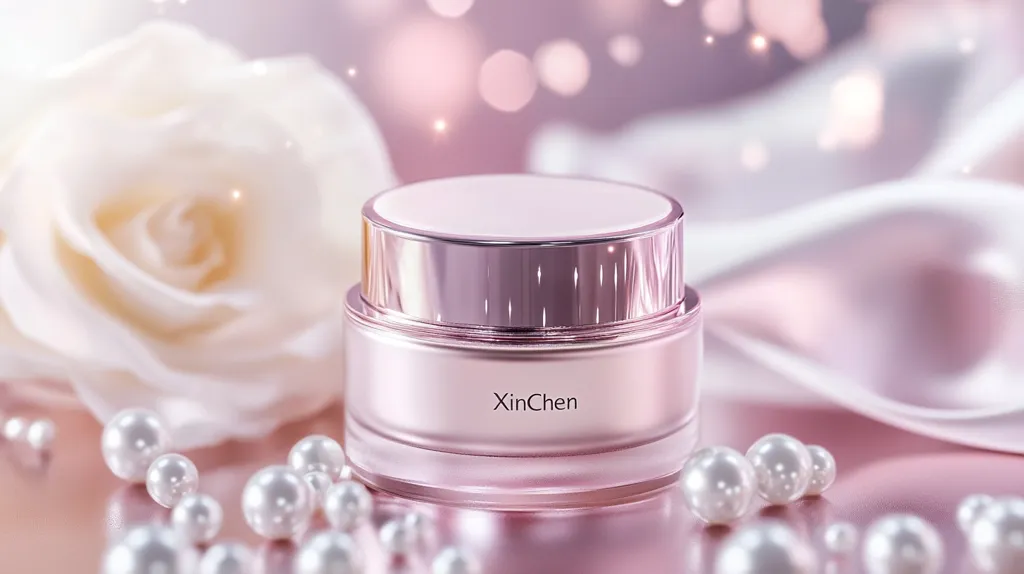 A luxurious pink cream jar, labeled "XinChen," sits on a pink surface adorned with pearls and a softly blurred white rose.  The jar's metallic lid reflects light, complementing the soft pink hue of the cream and the surrounding silk fabric.  The overall aesthetic suggests elegance and high-end beauty products.  A bokeh effect in the background enhances the dreamy, romantic feel.