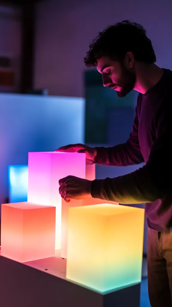 A young man interacts with an art installation. He's positioned in a dimly lit room, his silhouette stark against vibrant, glowing cubes of various colors, predominantly pink, orange, and teal.  He carefully touches the illuminated acrylic blocks, suggesting an exploration of light, texture, and form. The overall atmosphere is moody and artistic, highlighting a blend of technology and creative expression.
