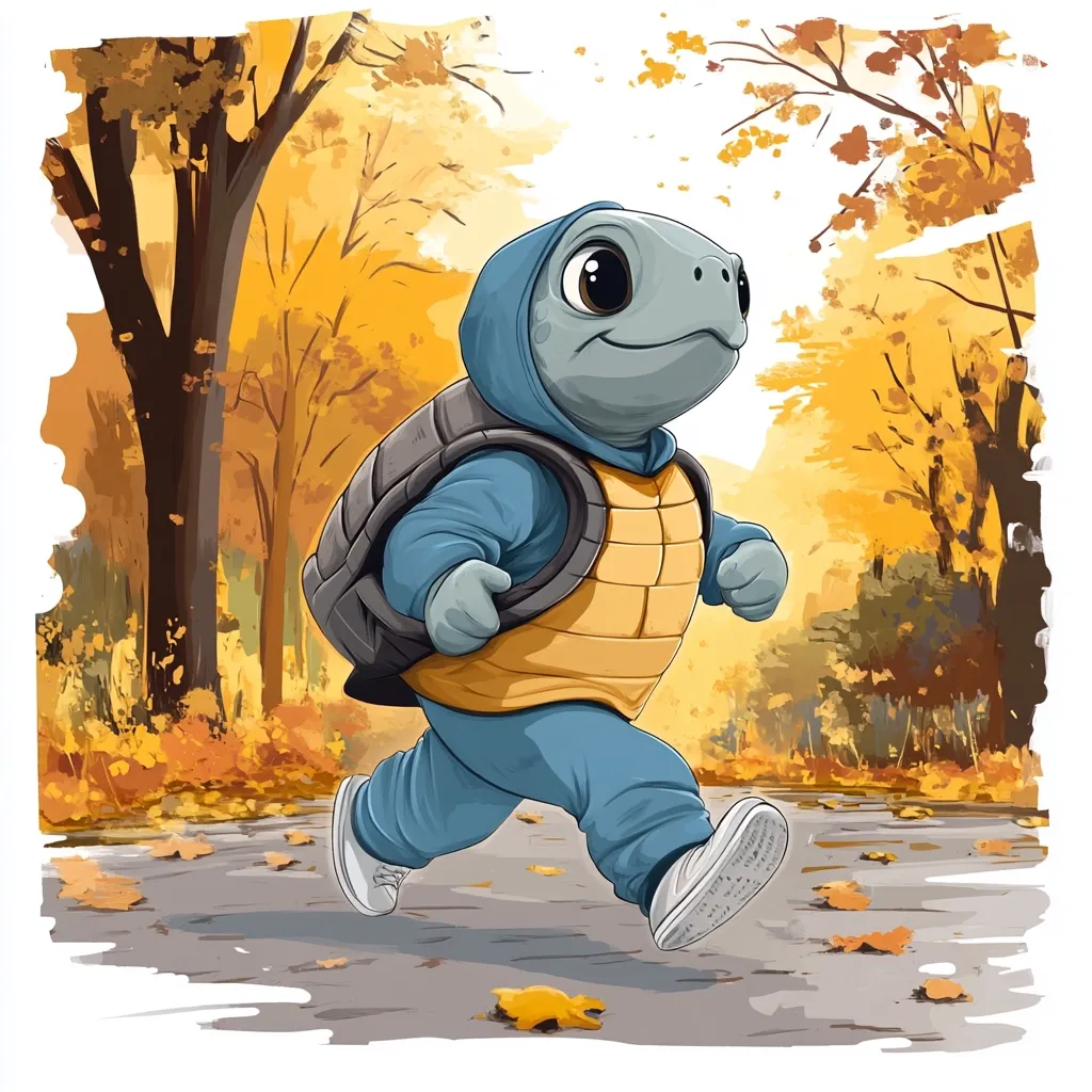 A charming illustration depicts a turtle, anthropomorphized in a blue hoodie and yellow vest, briskly walking down a path.  The turtle carries a backpack, its shell visible beneath the clothing.  Autumnal trees with vibrant yellow and orange leaves form a picturesque backdrop. The scene conveys a sense of movement and a cheerful, autumnal atmosphere. Fallen leaves litter the path, enhancing the seasonal ambiance. The style is cartoonish and playful.