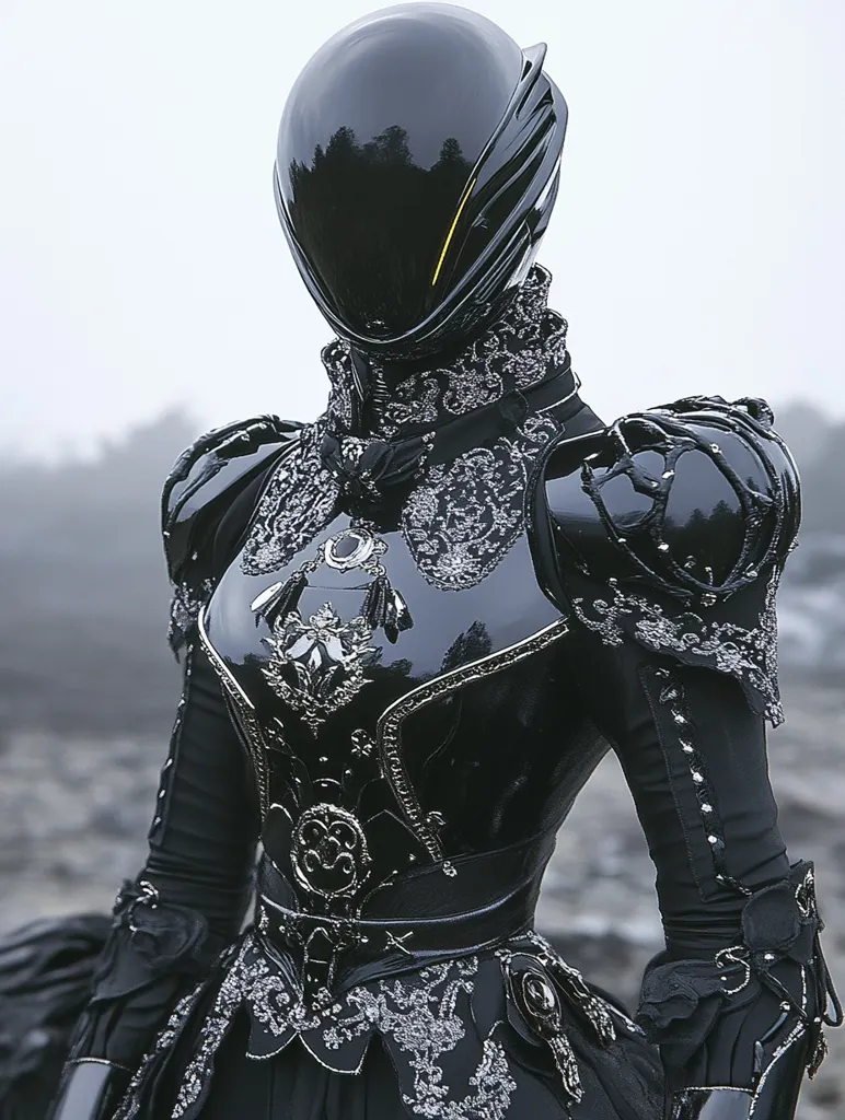 The image shows a figure in elaborate, futuristic armor. The glossy black armor is adorned with intricate silver detailing, reminiscent of ornate Victorian-era clothing.  A sleek, black helmet with a subtle golden accent encases the head, adding a striking contrast to the dark attire. The background is a blurry, misty landscape, enhancing the figure's mysterious and powerful presence.  The overall style blends futuristic technology with gothic aesthetics.