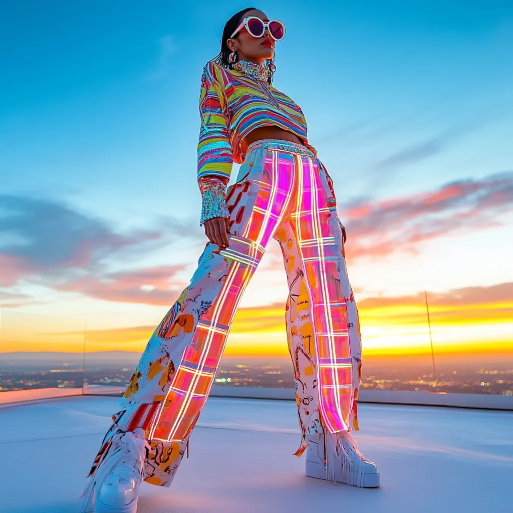 A fashion model poses on a rooftop at sunset, showcasing vibrant, futuristic attire.  She wears a multicolored striped cropped top and striking wide-leg pants with illuminated, grid-like pink and orange stripes overlaid on a white, graffiti-style base.  Her white sneakers add a contrast to the bold, neon-infused pants. The backdrop of city lights and a colorful sunset enhances the overall futuristic and energetic feel of the image.