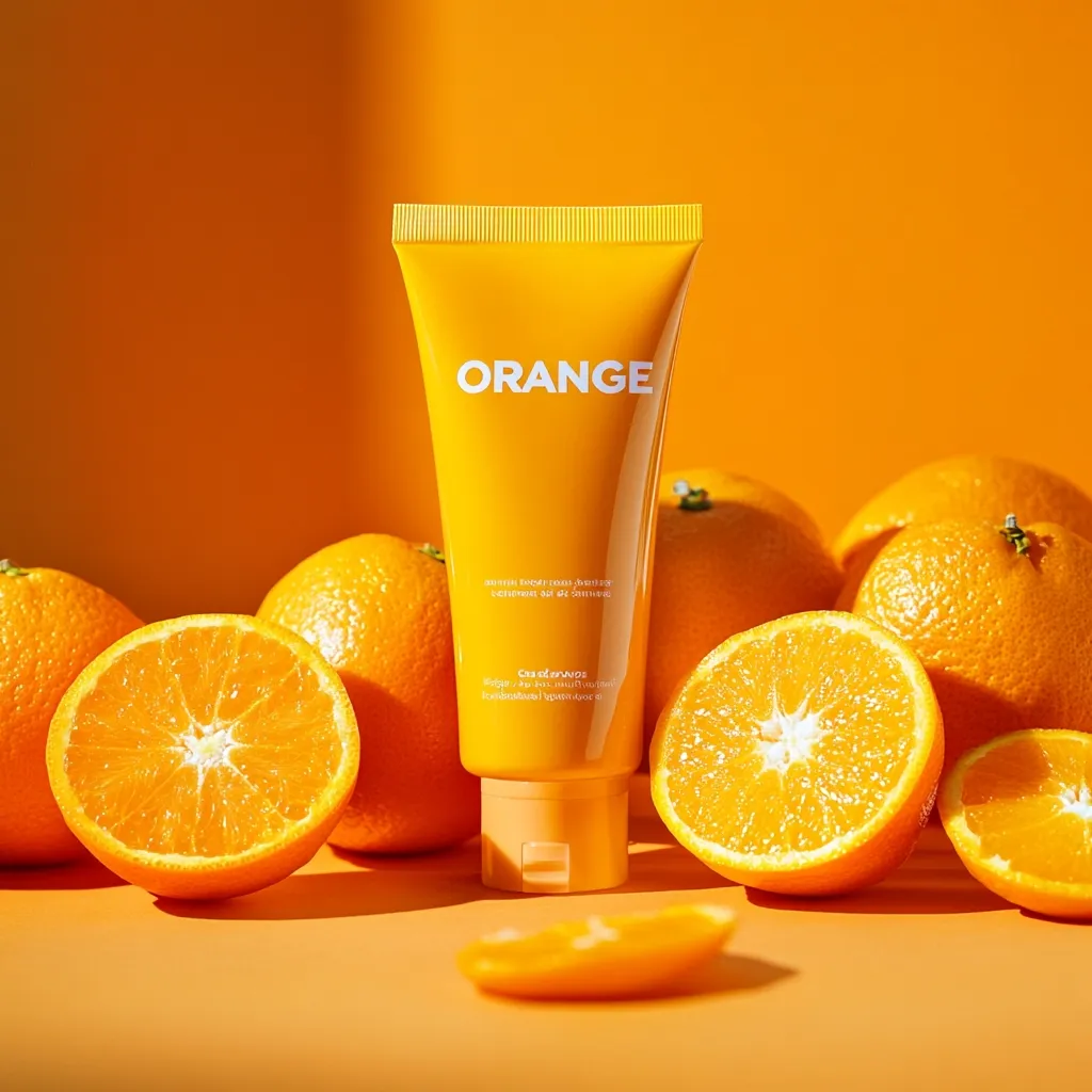 A bright orange tube of "ORANGE" branded skincare sits amongst halved and whole oranges on a vibrant orange background.  The tube's minimalist design complements the citrus theme.  Sunlight highlights the juicy oranges and the product, creating a fresh and zesty visual. The image suggests a product with natural, citrus-based ingredients.  The overall aesthetic is clean, modern, and inviting.