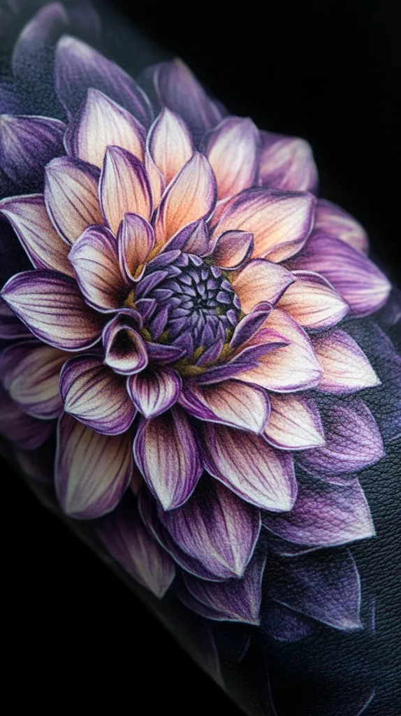 Here's a description of the image:

Close-up view of a realistic tattoo depicting a dahlia flower. The dahlia is rendered in shades of purple and cream, with meticulous detail in the petals' texture and shading. The flower's center is a deep purple, contrasting beautifully with the lighter outer petals. The tattoo appears to be on skin, with the subtle texture of the skin visible beneath the painted flower. The background is dark and unfocused, drawing all attention to the vibrant floral detail of the tattoo. The overall effect is one of striking realism and artistic skill.