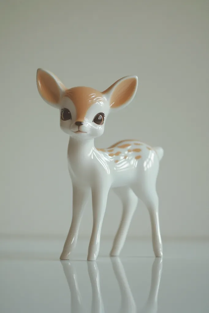 Here's a description of the image:

The photograph shows a small, porcelain fawn figurine.  It's predominantly white with light brown accents on its ears and a few spots on its body.  The fawn has large, expressive eyes and a sweet, gentle expression.  It stands on a reflective white surface, creating a mirrored image beneath it. The background is a muted, light gray, keeping the focus firmly on the delicate figurine. The overall style evokes a feeling of vintage charm or simple elegance.