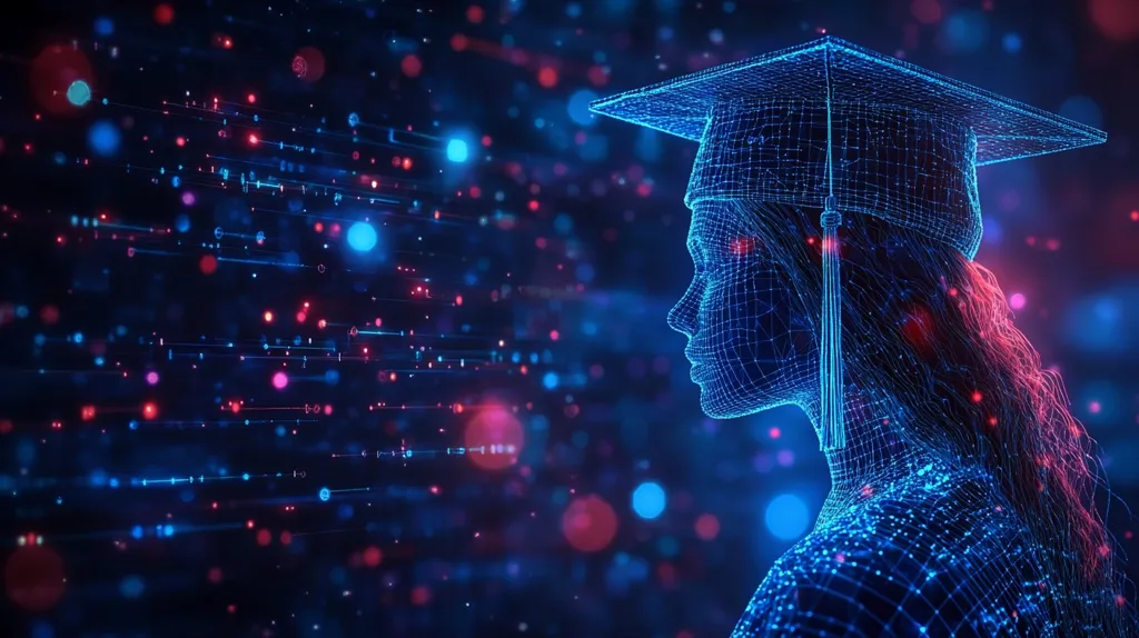 The image is a digital rendering of a female figure, depicted as a wireframe mesh, wearing a graduation cap.  She is presented in profile view, gazing towards a background filled with streaks of blue and red light, resembling data streams or digital particles.  The overall aesthetic is futuristic and suggestive of online learning, digital education, or the intersection of technology and academia. The vibrant colors and abstract background enhance the image's modern and technological feel.