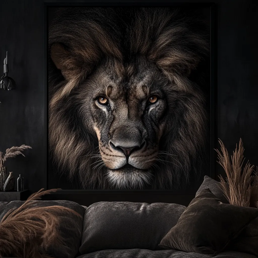 A large, dramatic photograph of a male lion's face dominates a dark interior. The lion's intense gaze and thick mane are sharply focused, rendered in shades of dark brown and black. The image is framed and hangs above a plush, dark-colored sofa, accented by dried pampas grass in the surrounding décor. The overall mood is moody, luxurious, and somewhat austere, emphasizing the lion's powerful presence.