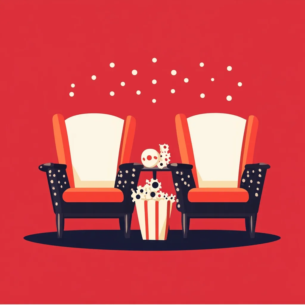 Here's a description of the image:

The illustration depicts a cozy movie date setting. Two retro-style armchairs with red and cream upholstery face each other, situated in front of a small round table.  On the table are decorative items and a bucket of popcorn, suggesting a romantic or comfortable viewing experience. White dots float subtly above, adding a whimsical touch against the solid red background. The overall style is simple, clean, and evocative of a classic cinema feel.