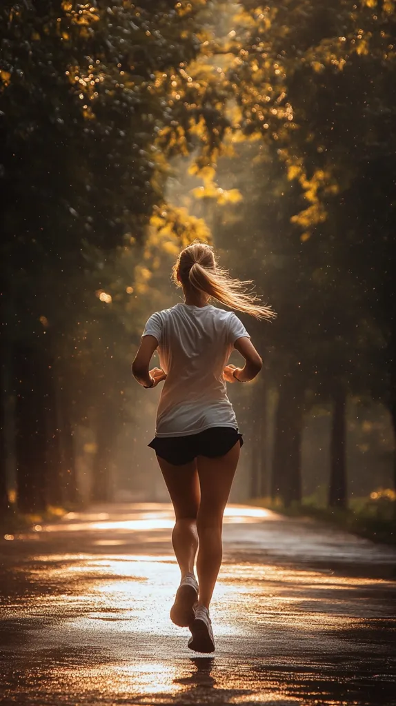 A woman with a ponytail runs down a tree-lined path.  The sun shines through the leaves, creating a golden, hazy light.  The road is wet, reflecting the sunlight. She wears a light-colored t-shirt and dark shorts, her back is to the viewer, showcasing a moment of solitary exercise in a tranquil, nature-filled setting.  The overall mood is peaceful and serene.