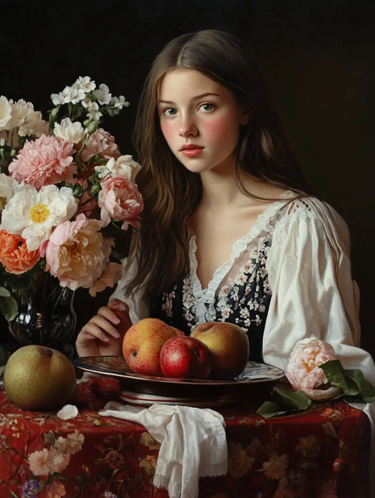 A young woman with rosy cheeks and long brown hair sits at a table draped in a richly patterned red cloth. She wears a white, loose-fitting blouse with delicate floral embroidery.  Before her sits a bowl of peaches and apples, and beside her, a vase of pink and white peonies and other flowers. The dark background and soft lighting create a sense of intimacy and classical elegance. The overall style evokes a traditional oil portrait, emphasizing realism and detail.