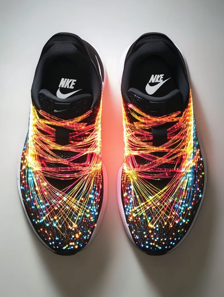 Here's a description of the image:

The image shows a pair of Nike sneakers with a unique design. The shoes are black with a mesh-like upper that's interwoven with colorful fiber optic strands, creating a vibrant, light-up effect.  The strands emit a rainbow of colors, resulting in a dazzling display. The Nike logo is clearly visible on the tongue of each shoe. The shoes are positioned against a light grey background, allowing the vibrant colors of the lighting to stand out.  The overall impression is one of futuristic design and high-tech aesthetics.