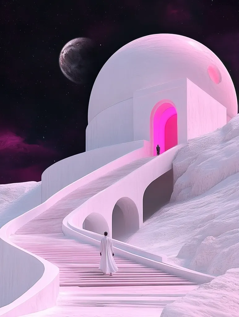 A surreal digital artwork depicts a lone figure in a long white robe ascending a winding, pale pink staircase leading to a domed structure.  The architecture is minimalist and futuristic, set against a backdrop of a dark, starry sky punctuated by a grey planet.  A vibrant pink archway is visible within the dome, adding a touch of vibrant contrast to the predominantly pastel palette. The scene evokes a sense of mystery and otherworldly tranquility.