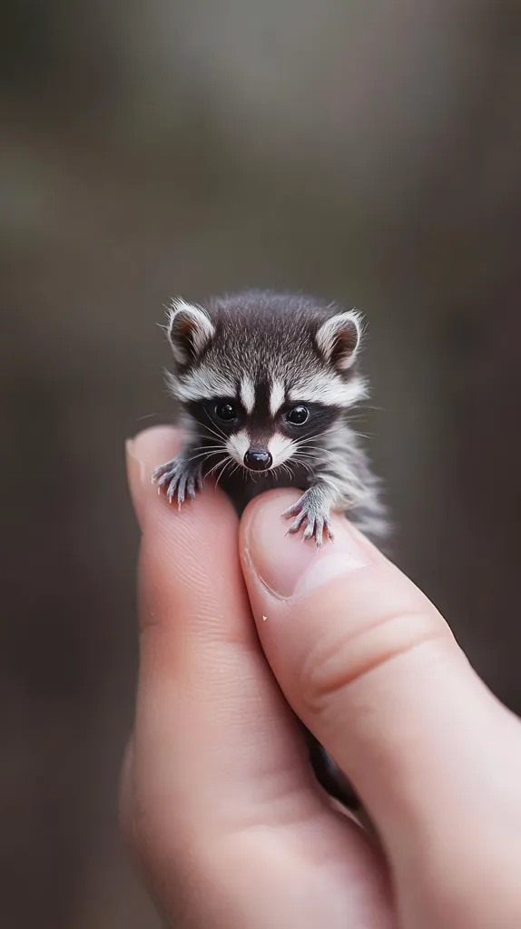 Here's a description of the image:

A tiny baby raccoon, barely bigger than a human thumb, sits nestled in the palm of a person's hand.  Its dark fur is highlighted by lighter markings around its eyes and on its face, giving it a classic raccoon look.  The little creature's paws are delicately curled, and its eyes are large and expressive. The background is blurred, drawing focus to the adorable animal and the gentle hand supporting it. The overall image is soft, heartwarming, and emphasizes the small size of the raccoon.