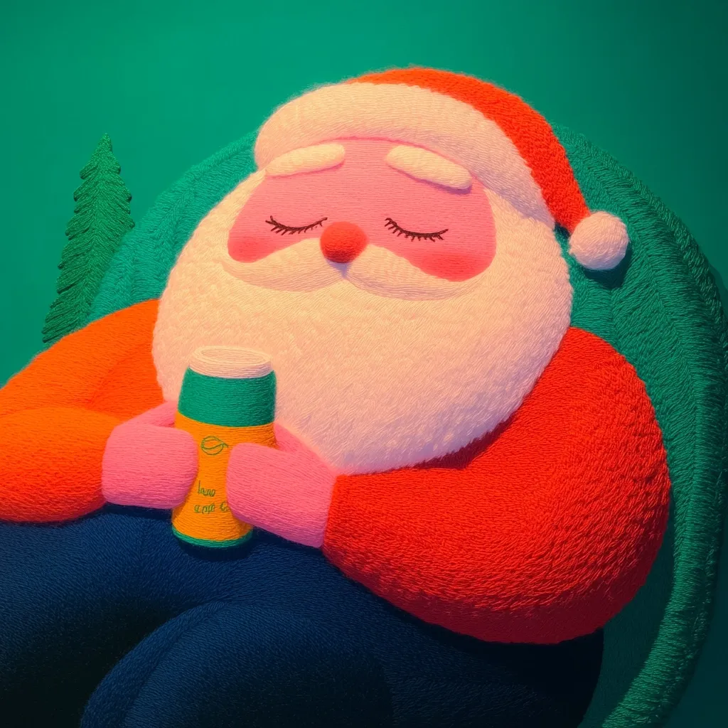 A whimsical illustration depicts a Santa Claus figure, seemingly crafted from textured yarn or fabric.  He's seated in a green armchair, eyes closed, peacefully holding a small, green-and-yellow cylindrical container, possibly a drink.  His attire is vibrant red and his face is soft pink. A small, stylized Christmas tree is visible in the background, adding to the festive scene. The overall style is cheerful and slightly surreal.