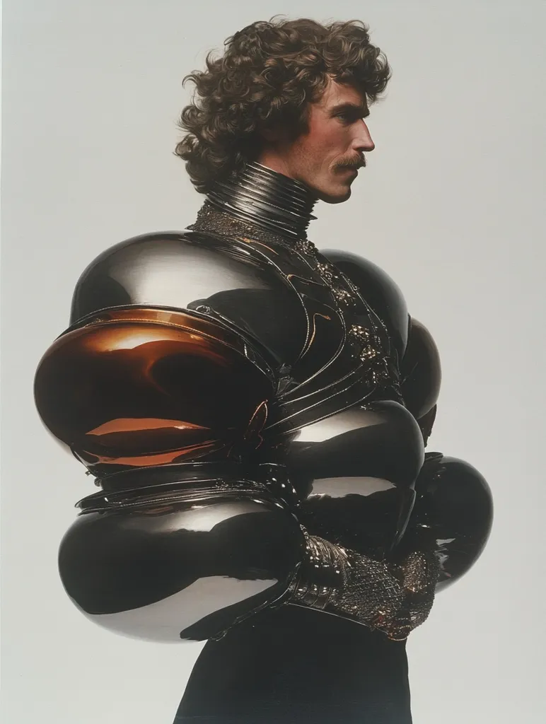 The photograph showcases a man in profile, his face partially obscured by a high, metallic collar. He is adorned in a futuristic, armor-like ensemble, primarily dark metallic, with accents of copper or bronze. The armor features large, bulbous, polished segments, giving it a sleek, almost liquid appearance.  His dark hair is styled in full curls, and he sports a mustache. The image's stark background accentuates the intricate details and reflective surfaces of the outfit, creating a striking, almost surreal portrait.