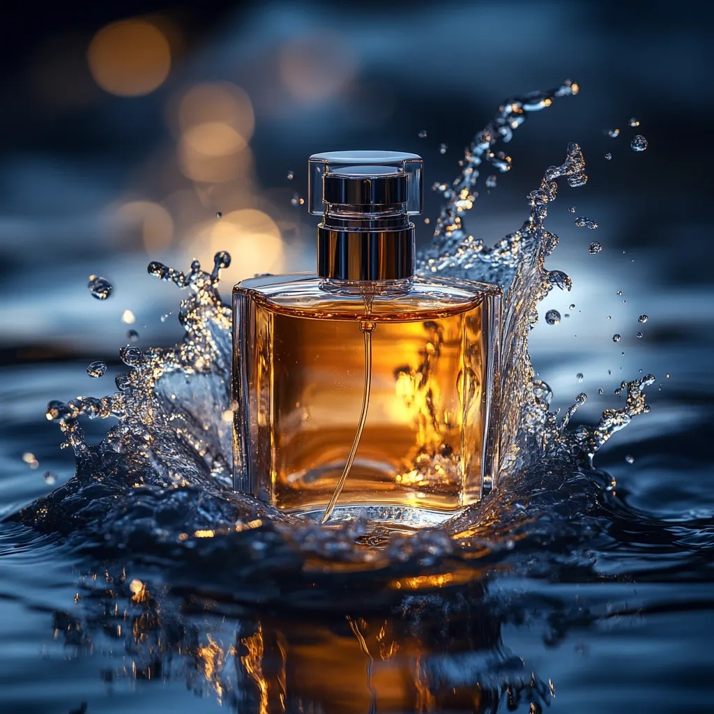 A square glass bottle of amber-colored perfume sits in the center of a splash of water.  The water droplets create a dynamic, energetic spray around the bottle. The background is blurred but shows a dark blue-toned scene with warm bokeh lights, suggesting a nighttime or twilight setting. The overall mood is luxurious and evocative, emphasizing the perfume's essence.  The bottle's silver cap and the reflection of light within the liquid enhance its allure.