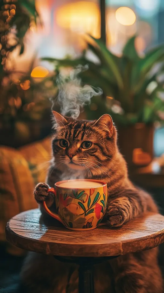 A tabby cat sits at a small wooden side table, its paws gently resting on a colorful, steaming mug.  The cat appears to be intently observing the warm beverage.  The background is blurred, suggesting a cozy indoor setting with plants and warm lighting.  The overall mood is calm and inviting, evoking a sense of warmth and comfort.