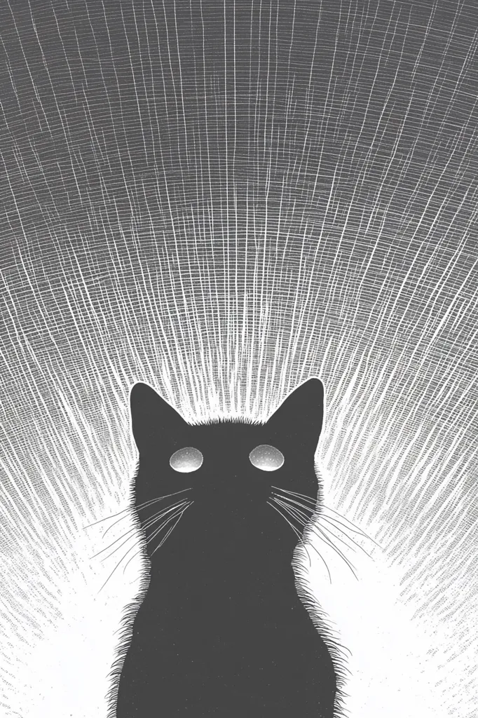 Here's a description of the image:

The image is a stylized, monochromatic drawing of a black cat. The cat is depicted from the chest up, facing the viewer with large, luminous eyes.  Its fur is rendered with varying shades of gray, creating texture. The background features a radiating pattern of white lines on a dark gray backdrop, resembling a burst of light or energy emanating from behind the cat, creating a dramatic and slightly unsettling effect. The overall style suggests a graphic novel or illustration, with a focus on strong contrasts and bold lines.