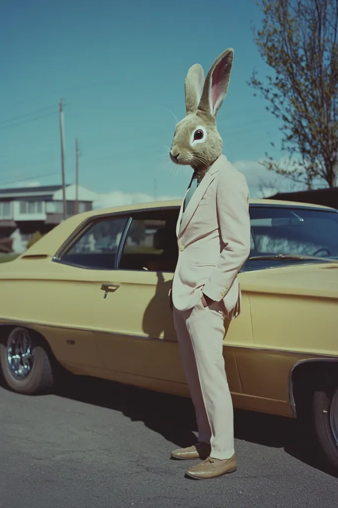 Here's a description of the image:

The photograph shows a rabbit in a light beige suit standing next to a pale yellow vintage car. The rabbit's head is realistically rendered, while its body is subtly blended into the human-like form wearing the suit. The car is parked on a street with a residential background under a clear blue sky. The overall style evokes a surreal, slightly whimsical mood, possibly referencing 1960s or 70s aesthetics.  The contrast between the rabbit's head and the sophisticated attire creates a humorous and unexpected juxtaposition.