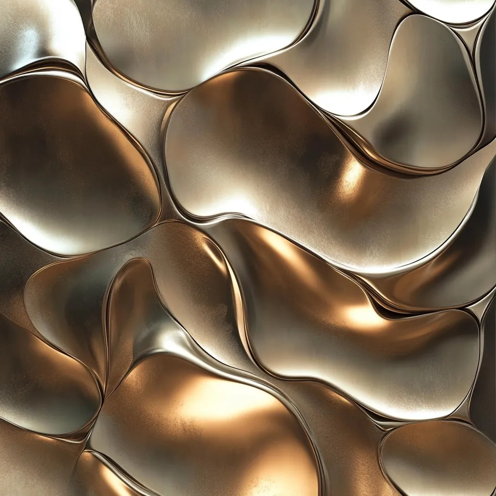 The image shows a close-up view of an abstract, textured surface.  It appears to be composed of numerous overlapping, fluid, organic shapes. The shapes are metallic, with a gradient of gold and silver tones, creating a luxurious and opulent feel.  The surface has a subtly brushed or textured appearance, adding depth to the reflective metallic sheen. The overall effect is one of smooth, undulating curves and sophisticated elegance.