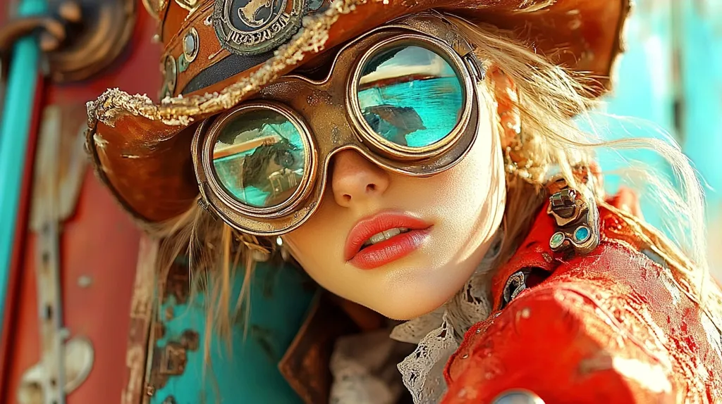 Close-up of a young woman wearing a steampunk-inspired outfit.  She sports large, round goggles with teal lenses, a weathered brown top hat adorned with intricate metalwork, and a vibrant red jacket.  Her blonde hair flows partially behind the hat. The background is blurred, showing hints of teal and rusty red tones. The overall image evokes a sense of adventure and fantasy.