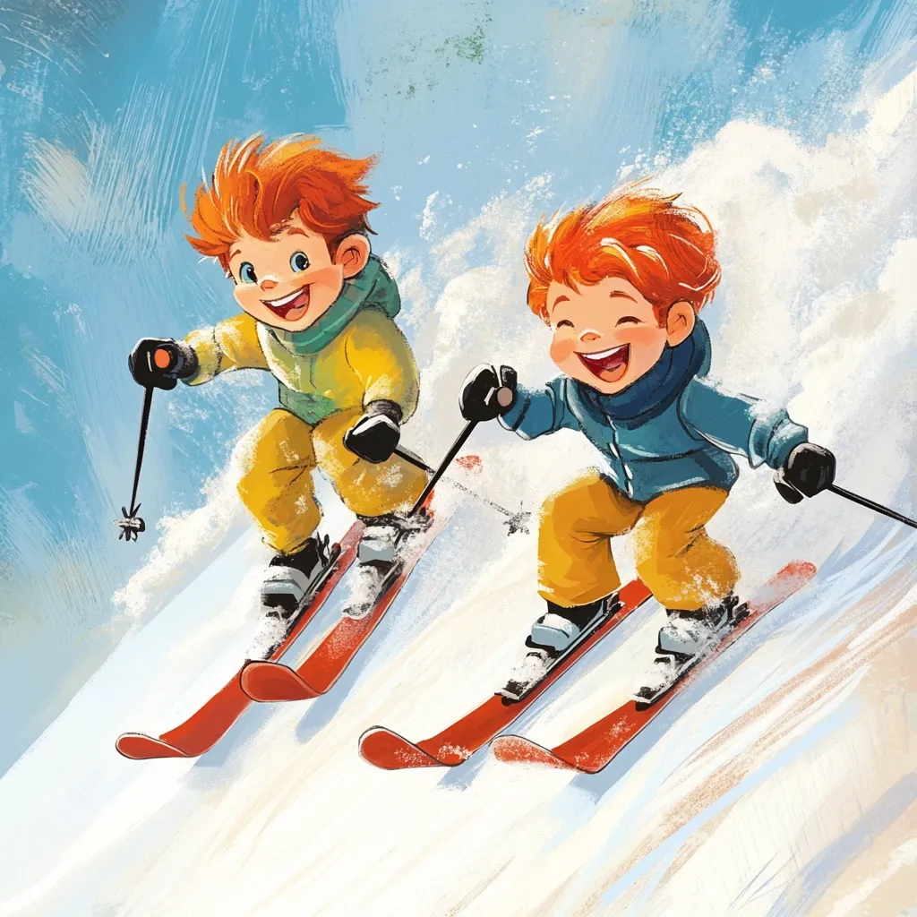 Two cheerful, red-haired boys are depicted downhill skiing, joyfully speeding down a snowy slope.  They're dressed in bright, warm winter clothing: yellow and blue ski suits.  The style is whimsical and painterly, with visible brushstrokes adding texture to the snow and the boys' clothing.  The scene is vibrant and energetic, capturing the thrill of winter sports.  The boys' expressions and body language convey pure delight in the activity.