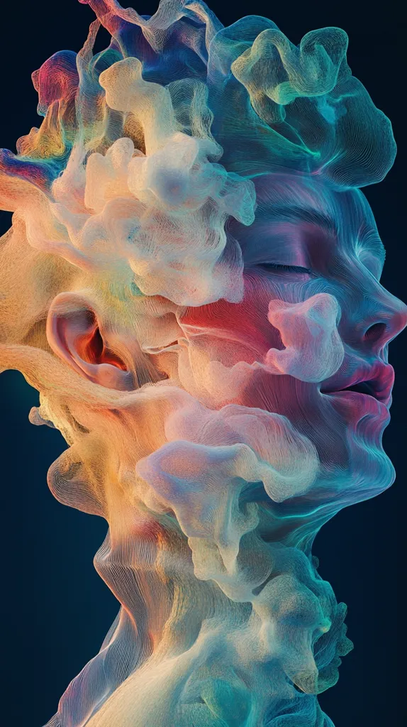 The image is an abstract digital artwork depicting a human face partially obscured and enveloped by a swirling, ethereal cloud of vibrant, multicolored threads. The threads are rendered in a way that suggests movement and fluidity, creating a sense of both fragility and strength.  The colors range from soft pastels to deeper blues and reds, adding to the dreamlike and almost otherworldly quality of the piece. The overall effect is one of surreal beauty and mystery.