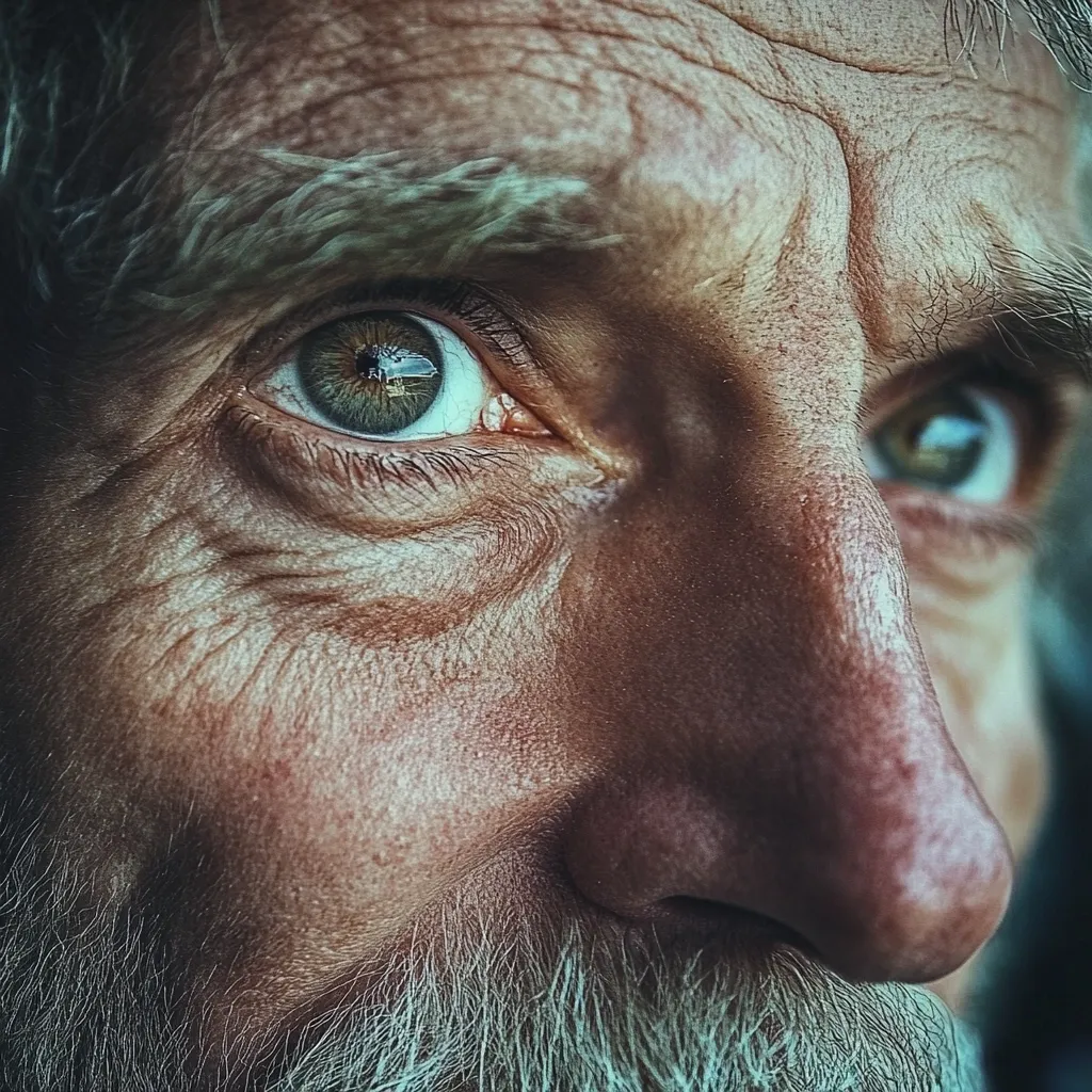 Here's a description of the image:

Close-up view of an older man's face, focusing on his eyes and nose.  His skin is heavily textured with wrinkles and lines, indicative of age and a life lived.  His eyes, one more prominently featured, are a striking green, conveying a sense of depth and perhaps contemplation or concern.  Graying, coarse hair frames his face, partially obscuring a beginning beard. The overall tone is dark and moody, enhancing the rugged texture and intense gaze. The image evokes a feeling of age, wisdom, and a profound story untold.