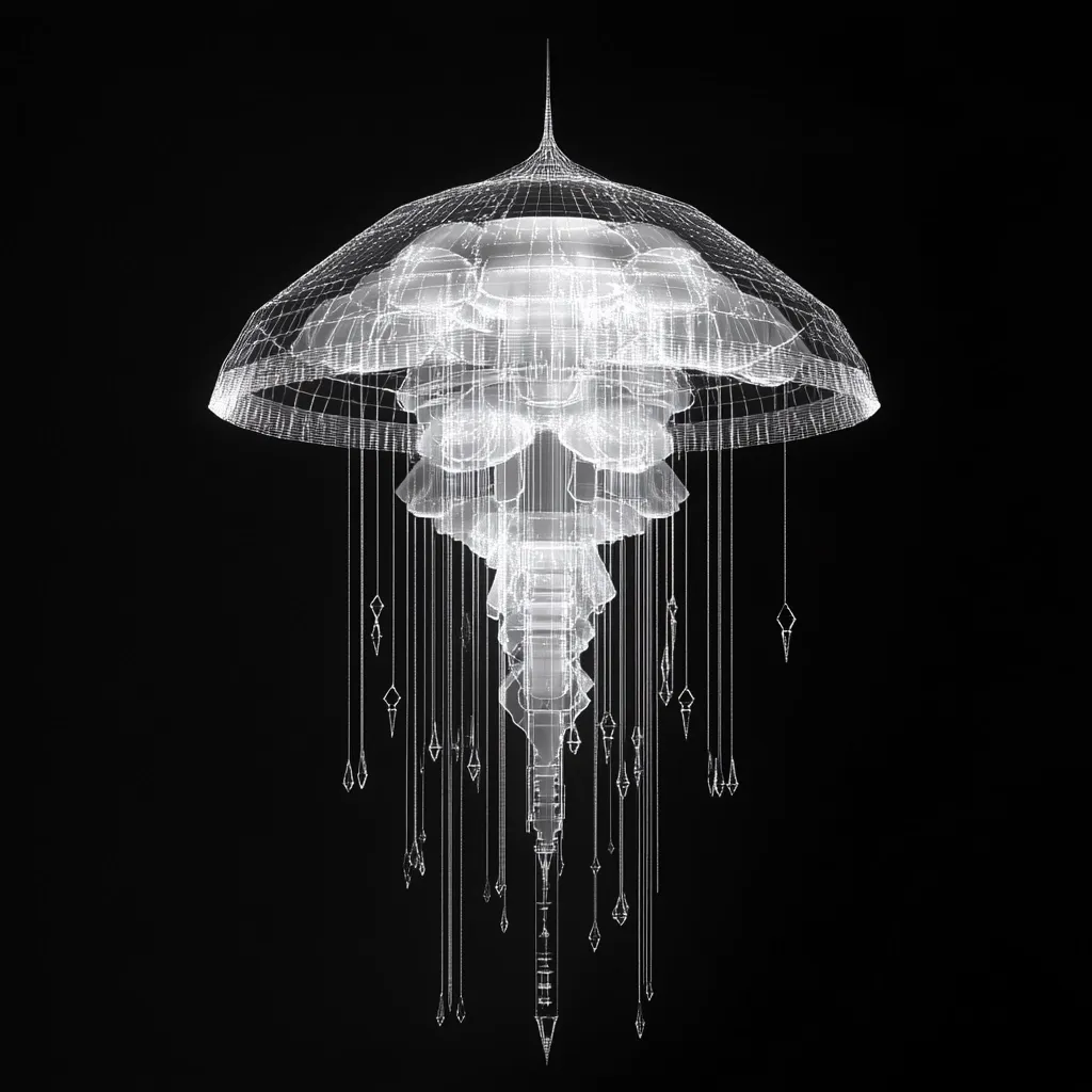 Here's a description of the image:

The image shows a three-dimensional wireframe model of a jellyfish-like object against a black background.  The structure is intricately detailed, resembling a complex chandelier or a futuristic bioluminescent creature.  It features a dome-shaped top, a central body with layered, ornate detailing, and numerous dangling, crystalline elements extending downwards, giving it a flowing, ethereal quality. The overall effect is both elegant and otherworldly, suggesting a blend of natural and technological aesthetics.  The bright white lines of the wireframe stand out sharply against the dark background.