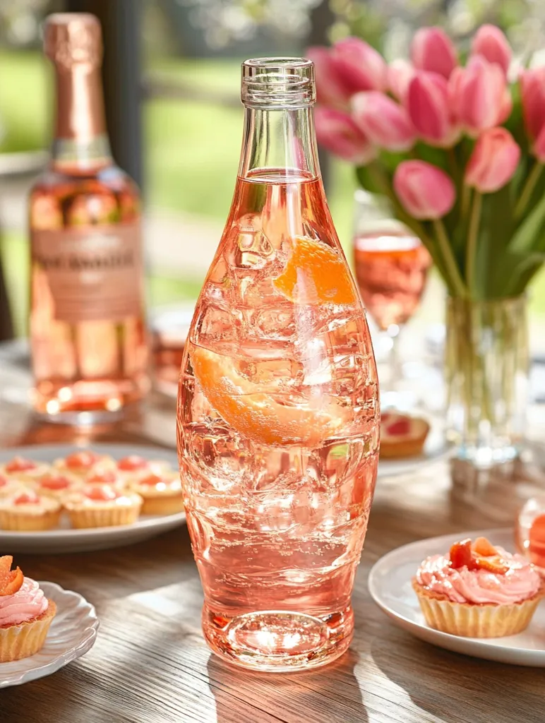 Here's a description of the image:

A sunlit outdoor setting features a large glass bottle of rosé wine spritzer, filled with ice and a grapefruit slice.  Smaller rosé wine bottles are blurred in the background, along with a bouquet of pink tulips.  The scene includes several mini pastries arranged on plates, creating a festive and refreshing summer ambiance. The overall impression is one of relaxed elegance and outdoor entertaining.