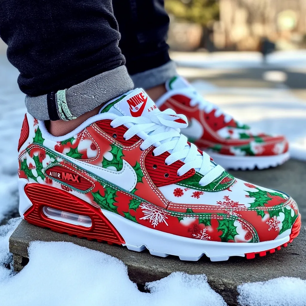 Here's a description of the image:

Close-up view of a person's feet wearing custom-designed Nike Air Max 90 sneakers. The shoes feature a vibrant Christmas-themed design, with a predominantly red upper adorned with green holly leaves, white snowflakes, and red berries.  The white swoosh logo is clearly visible. The sneakers are set against a snowy background, partially resting on a stone surface.  The wearer's dark-colored jeans are partially visible. The overall impression is one of festive holiday cheer and stylish footwear.