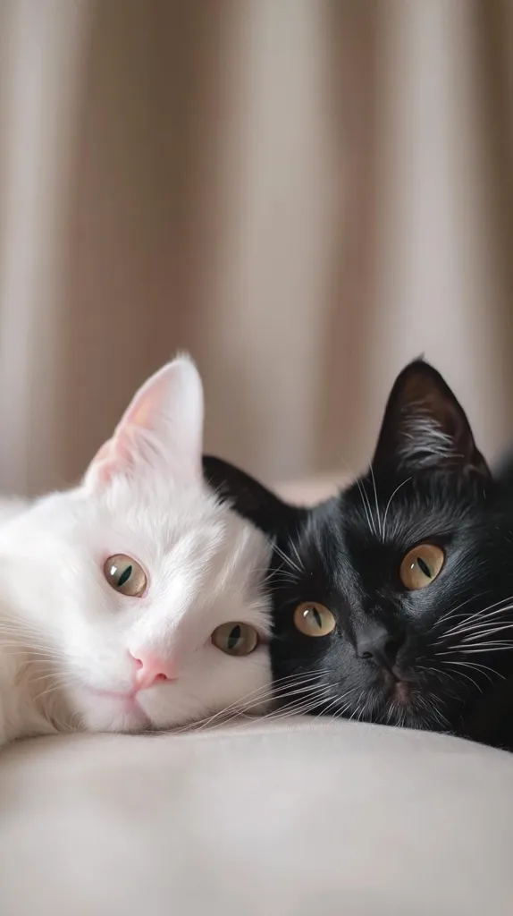 Close-up view of a white cat and a black cat nestled together.  The white cat, with bright green eyes, rests its head on a light-colored surface, its face partially obscured by the black cat. The black cat, also with striking green eyes, has its head turned slightly toward the viewer.  Both cats appear relaxed and comfortable in each other's company. The background is blurred, focusing attention on the cats' faces.