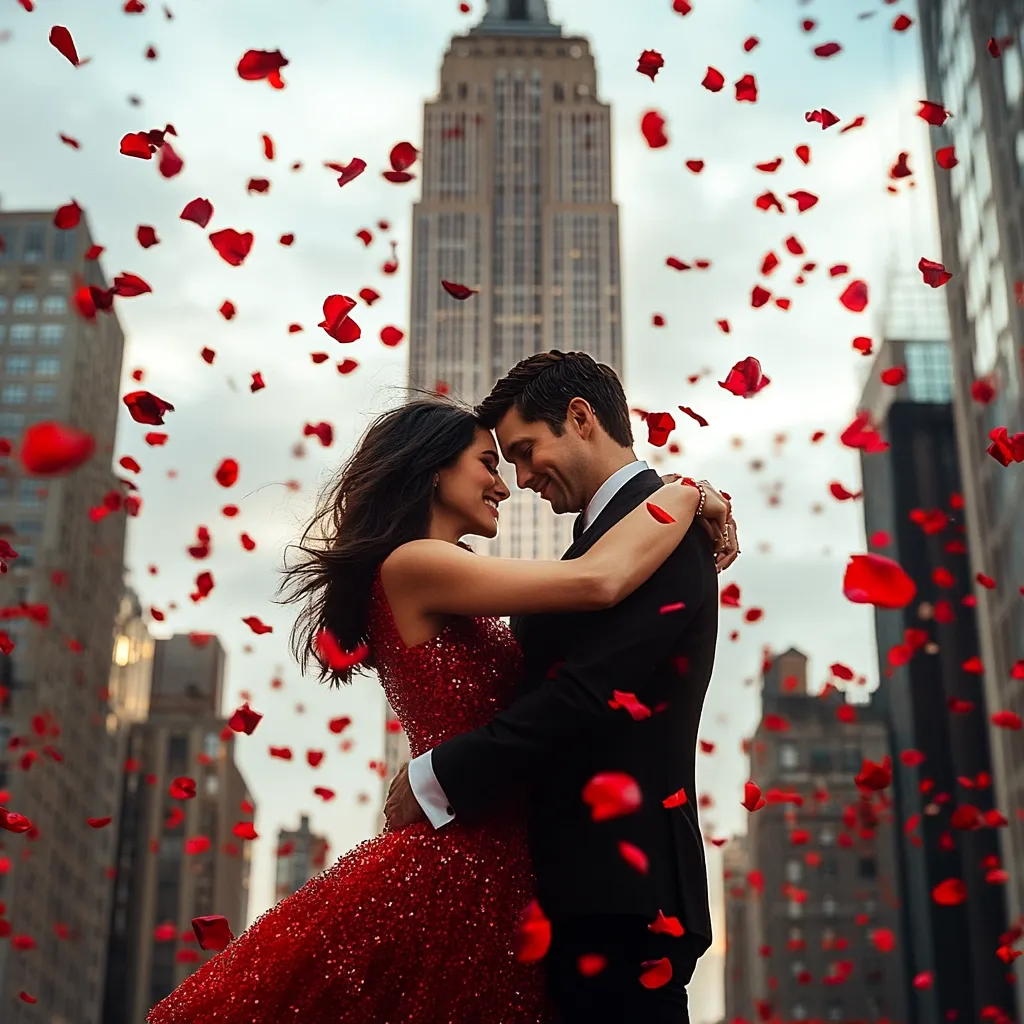 A romantic couple embraces amidst a flurry of falling rose petals in New York City. The Empire State Building forms a majestic backdrop. The woman is in a stunning red gown, and the man is in a dark suit.  Their joyful expressions and the romantic setting create a picture of intense love and happiness. The scene is vibrant and filled with the energy of a special moment.