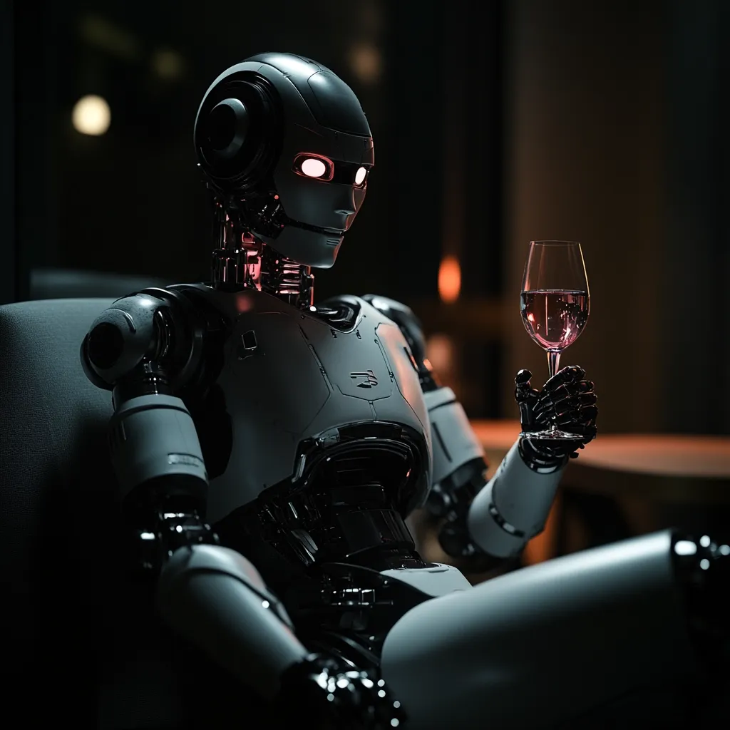 Here's a description of the image:

The image shows a humanoid robot, predominantly white and grey with metallic accents, seated in a dimly lit room.  Its glowing red eyes are striking against the dark background. The robot holds a wine glass containing a pink liquid, appearing contemplative and relaxed. The robotic features are highly detailed, showcasing intricate joints and a polished finish. The setting suggests a sophisticated, perhaps futuristic, environment. The overall mood is one of quiet contemplation and a blend of technology and elegance.